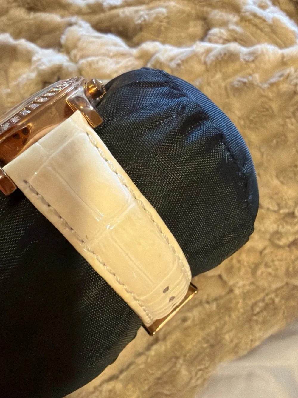 GUESS Rose Gold Watch with White Strap and Crystal Bezel